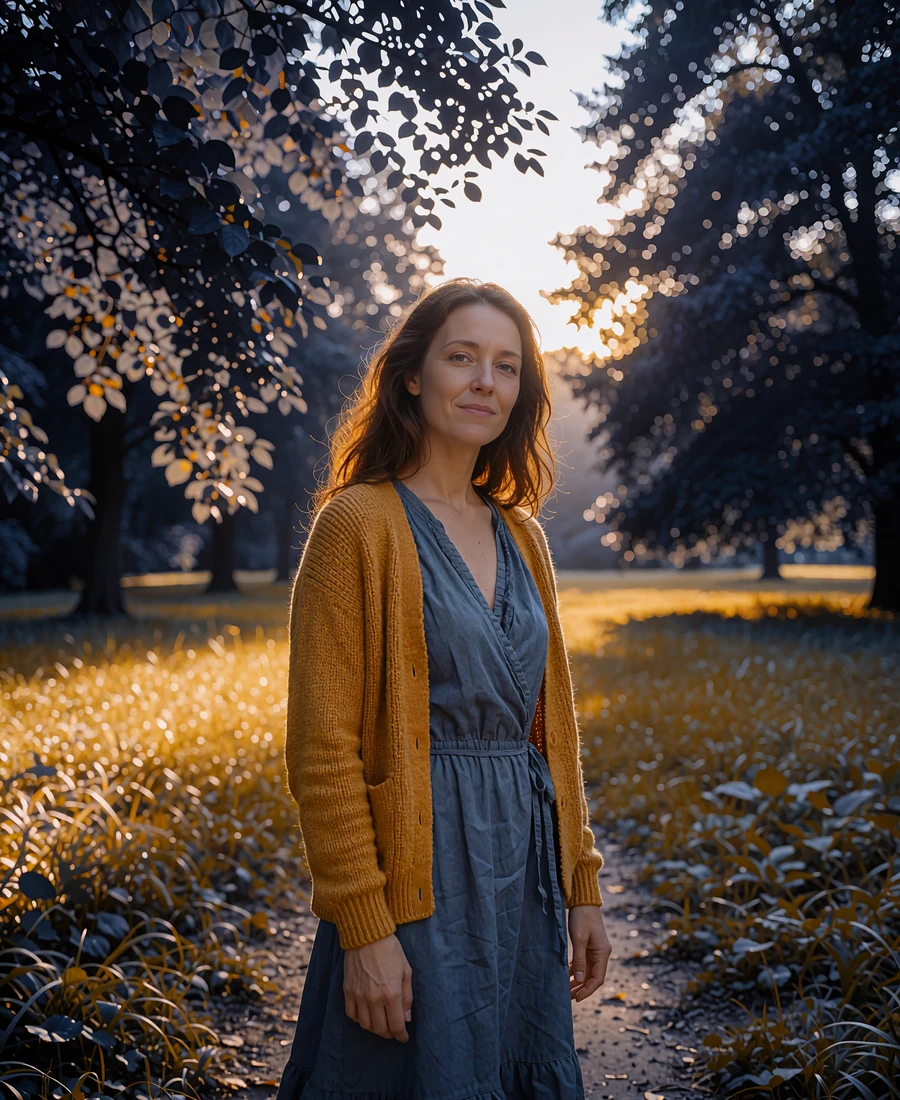 Single woman in a mustard cardigan on a park path, shown in the Selunion best rated dating app carousel