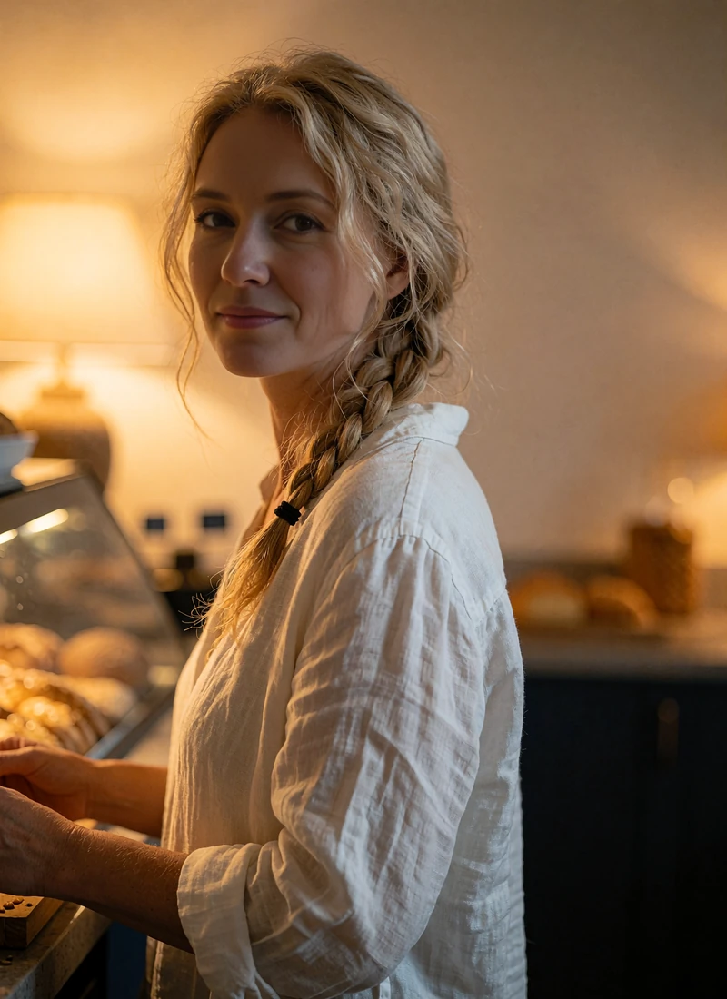 Single woman in a white linen shirt at a bakery counter, illustrating a quick free Selunion profile sign-up