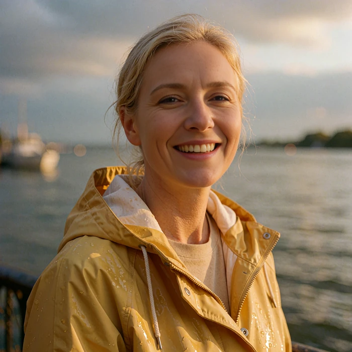 Woman in a mustard raincoat laughing by a riverside walkway, a local Selunion dating profile highlight
