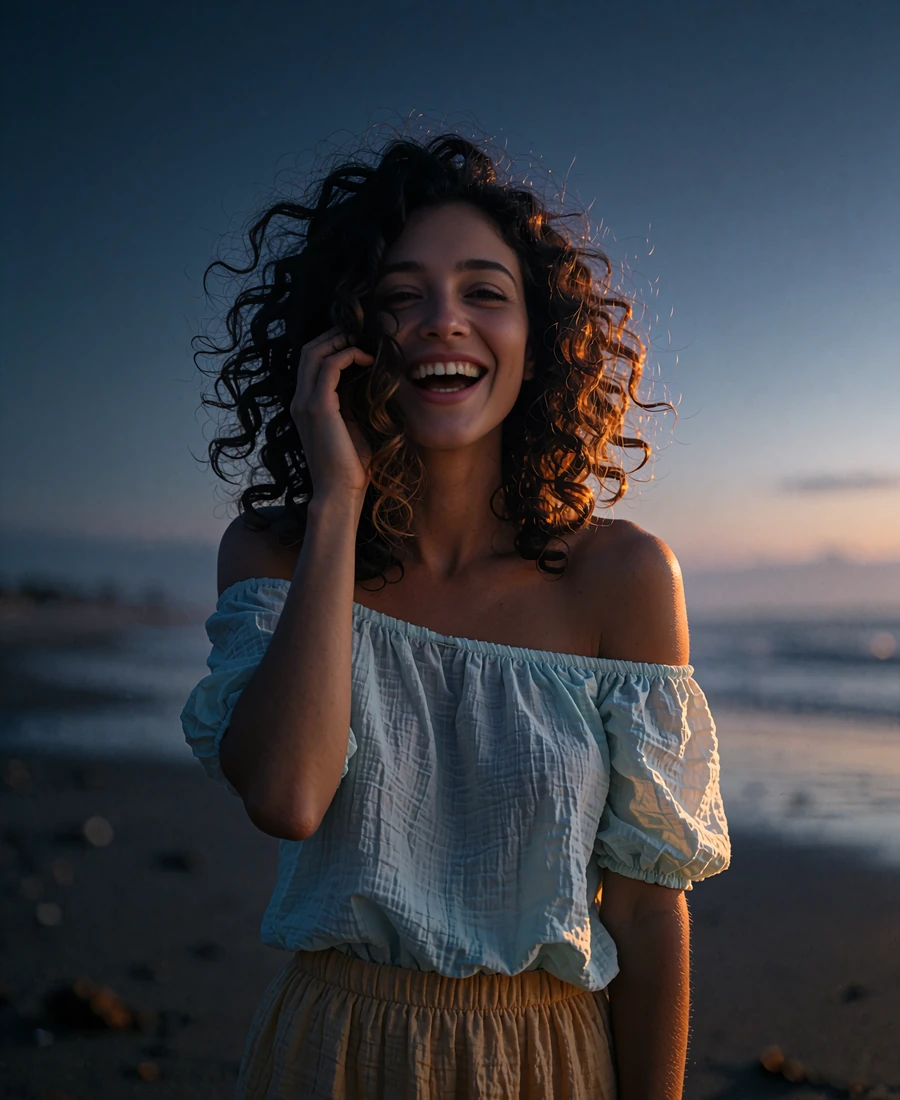 Laughing single woman in a pale blue off-shoulder top at the beach, a Selunion dating app member photo