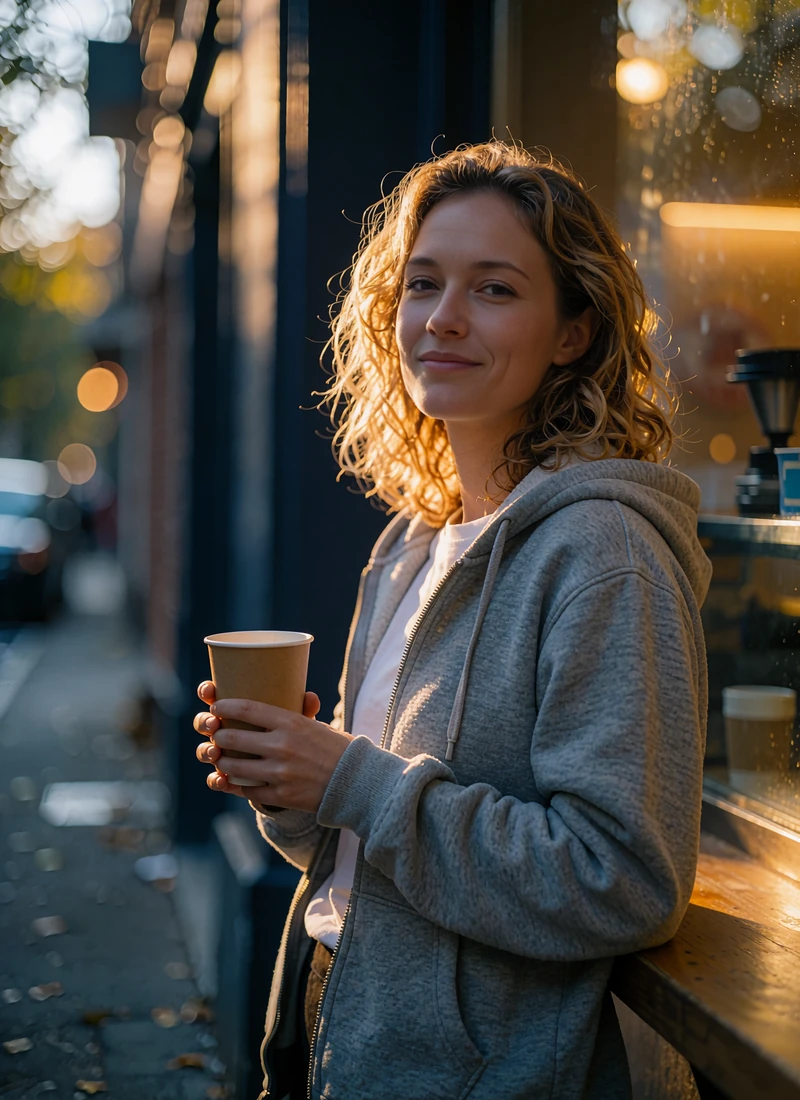 Single woman in a grey zip hoodie holding a coffee at an outdoor counter, a nearby Selunion profile preview