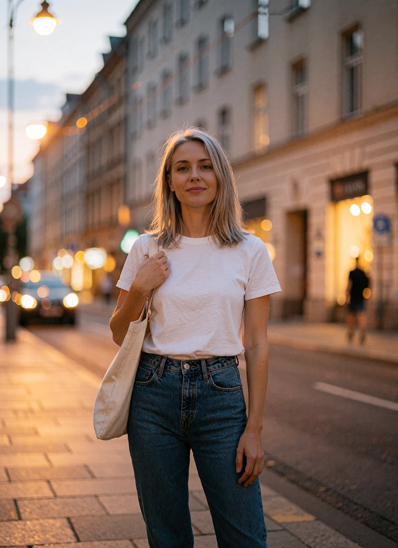 Ash-blonde single woman in a white tee and jeans on a city street, a Selunion profile preview card