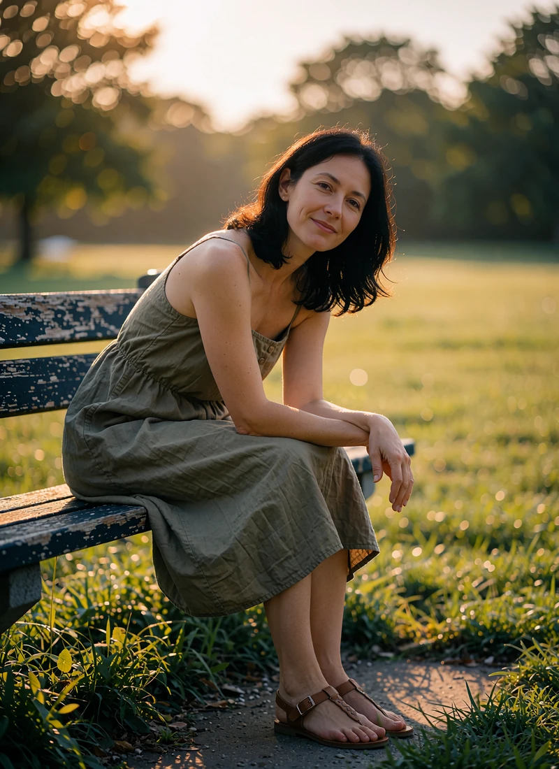 Single woman in an olive sundress sitting on a park bench, a local Selunion singles near me profile preview