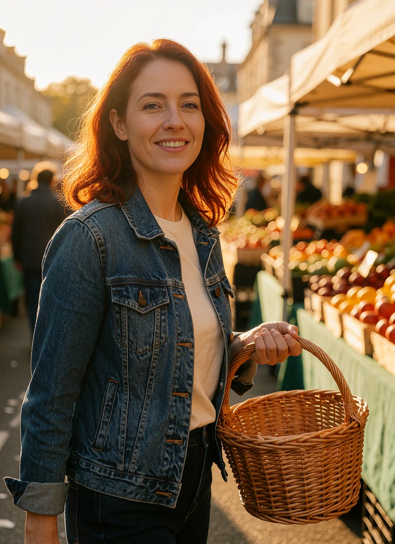 Auburn-haired single woman in a denim jacket at an outdoor market, a local Selunion dating profile preview