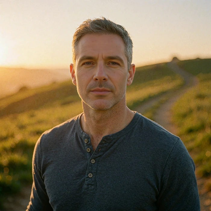 Man in a slate-grey henley shirt on a hillside trail, a verified Selunion member profile photo