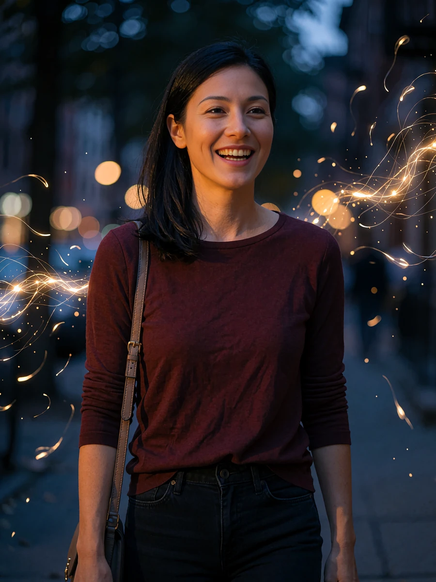 Single woman in a burgundy top laughing on a city sidewalk at dusk, illustrating local matches near you on Selunion