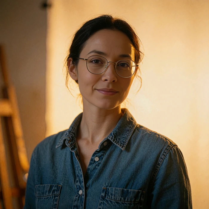 Woman with round glasses and a denim shirt in an art studio, a verified Selunion member profile photo