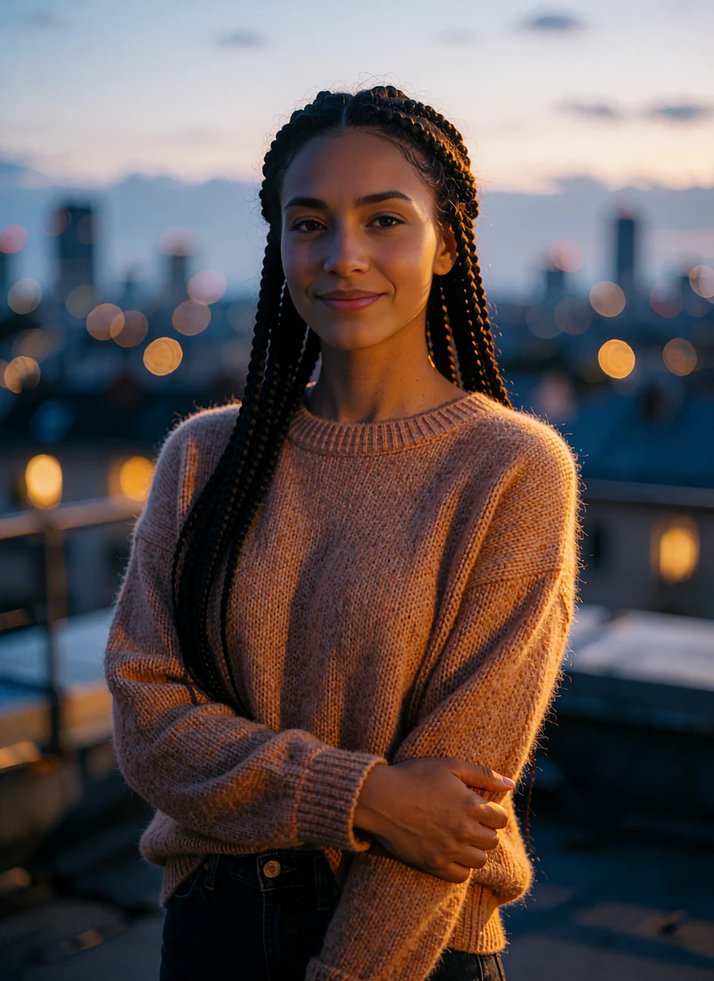 Single woman with box braids in a terracotta sweater on a rooftop at dusk, nearby Selunion member card