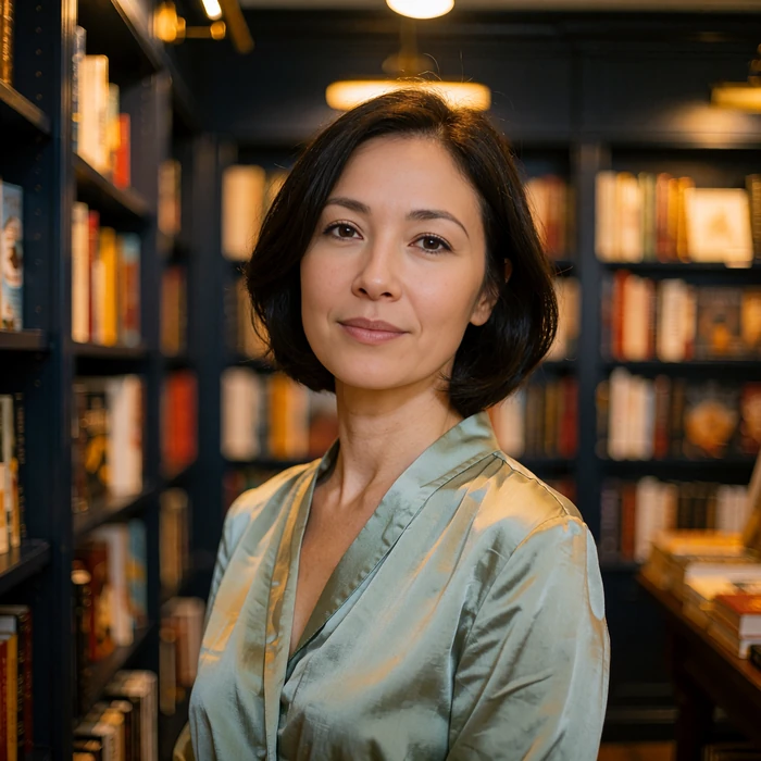 Portrait of a woman with a dark bob in a bookshop, illustrating verified Selunion member profiles
