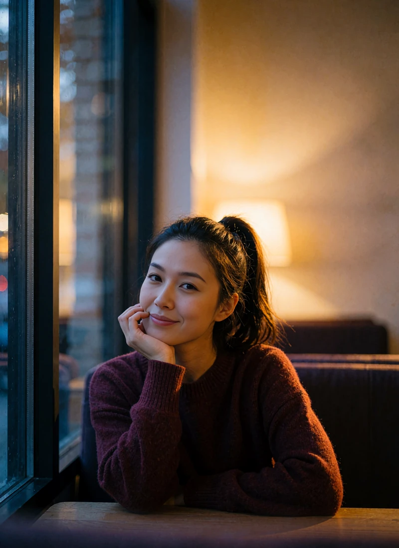 Single woman in a burgundy sweater in a window booth at night, a nearby Selunion dating profile card