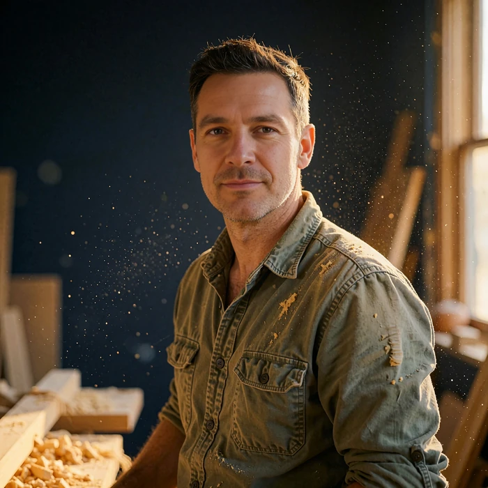 Portrait of a man in an olive work shirt in a woodworking workshop, illustrating a verified Selunion member account