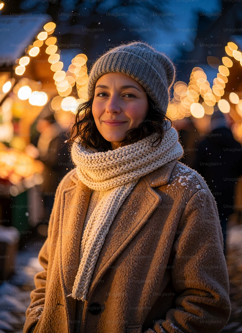 Single woman in a camel wool coat at a winter market, representing a new match opening a Selunion chat