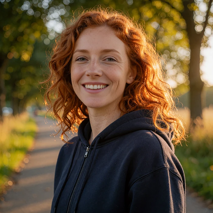Portrait of a copper-haired woman on a bike path, illustrating local matching on the Selunion dating site