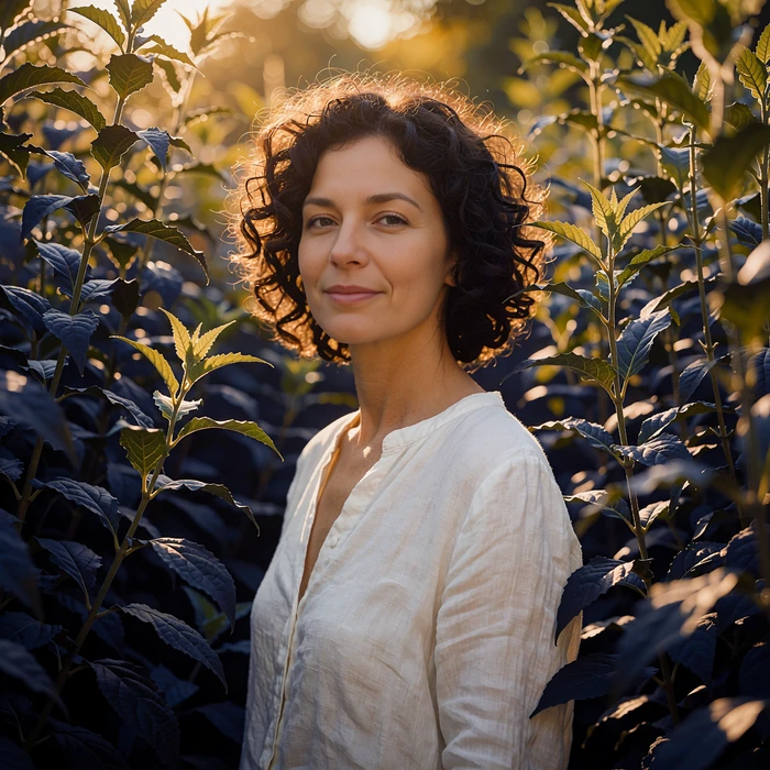Portrait of a woman in a white linen blouse among garden greenery, illustrating an active Selunion member profile