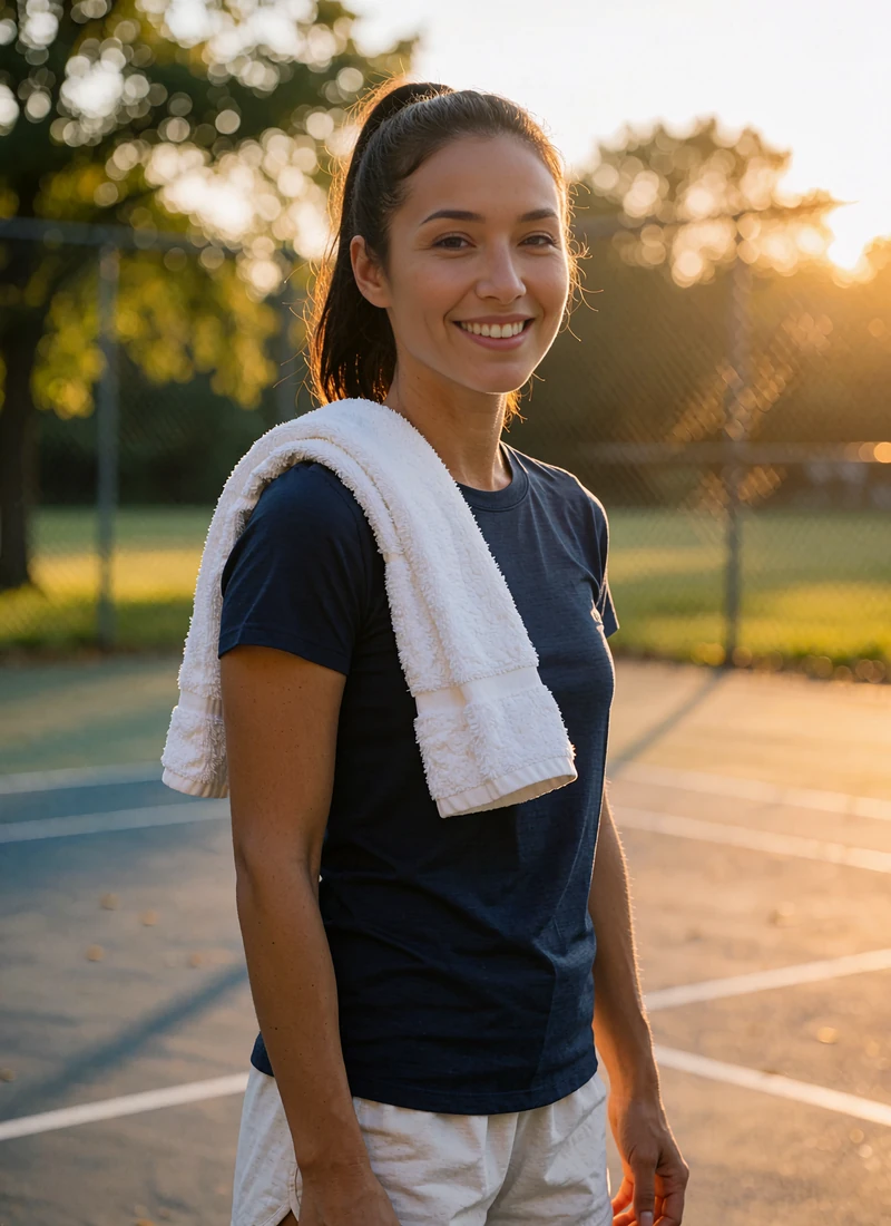 Single woman in a navy athletic tee at an outdoor court, shown in the Selunion browse and swipe step