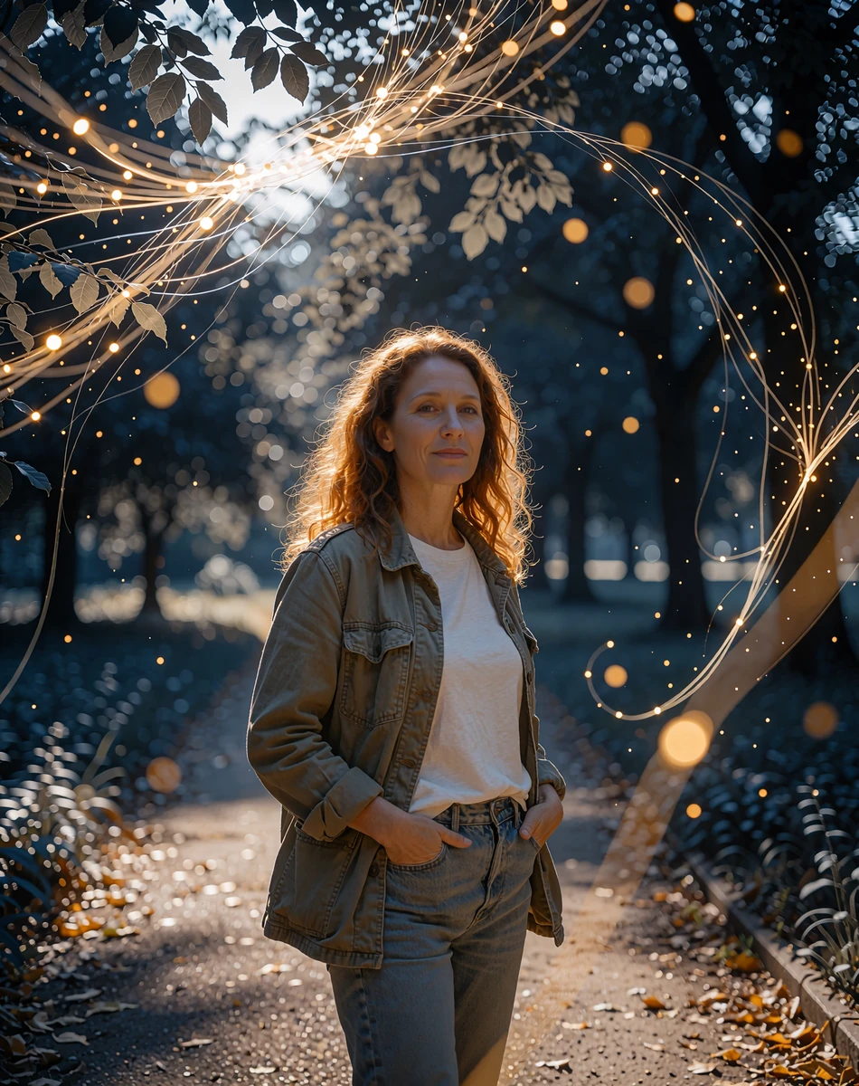 Single woman in an olive jacket walking a tree-lined park path, illustrating verified profiles on Selunion dating site